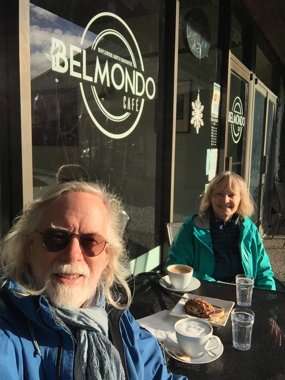 Post-walk outdoor coffee, in the unanticipated sun